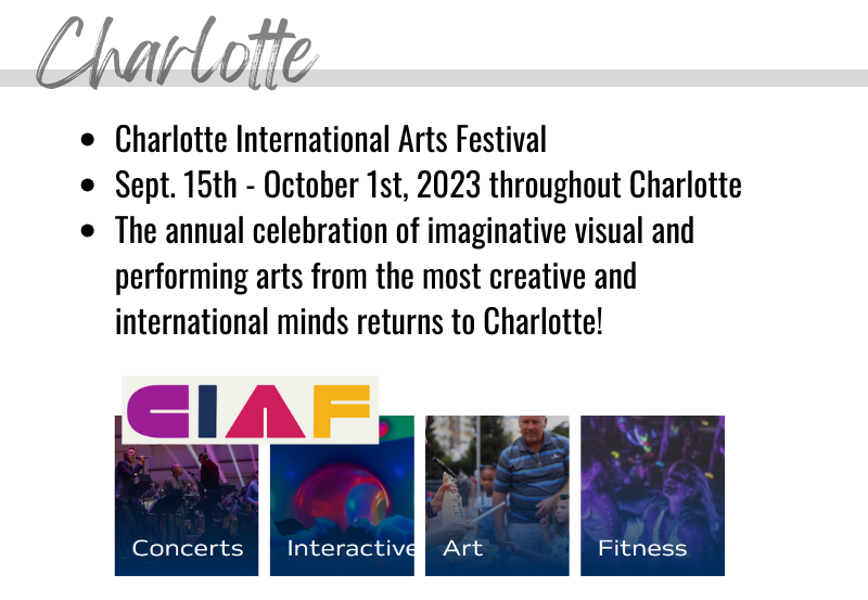 Charlotte events: Charlotte International Arts Festival, Sept. 15th - October 1st, 2023 throughout Charlotte. Annual celebration of imaginative visual and performing arts from the most creative and international minds returns to Charlotte!
