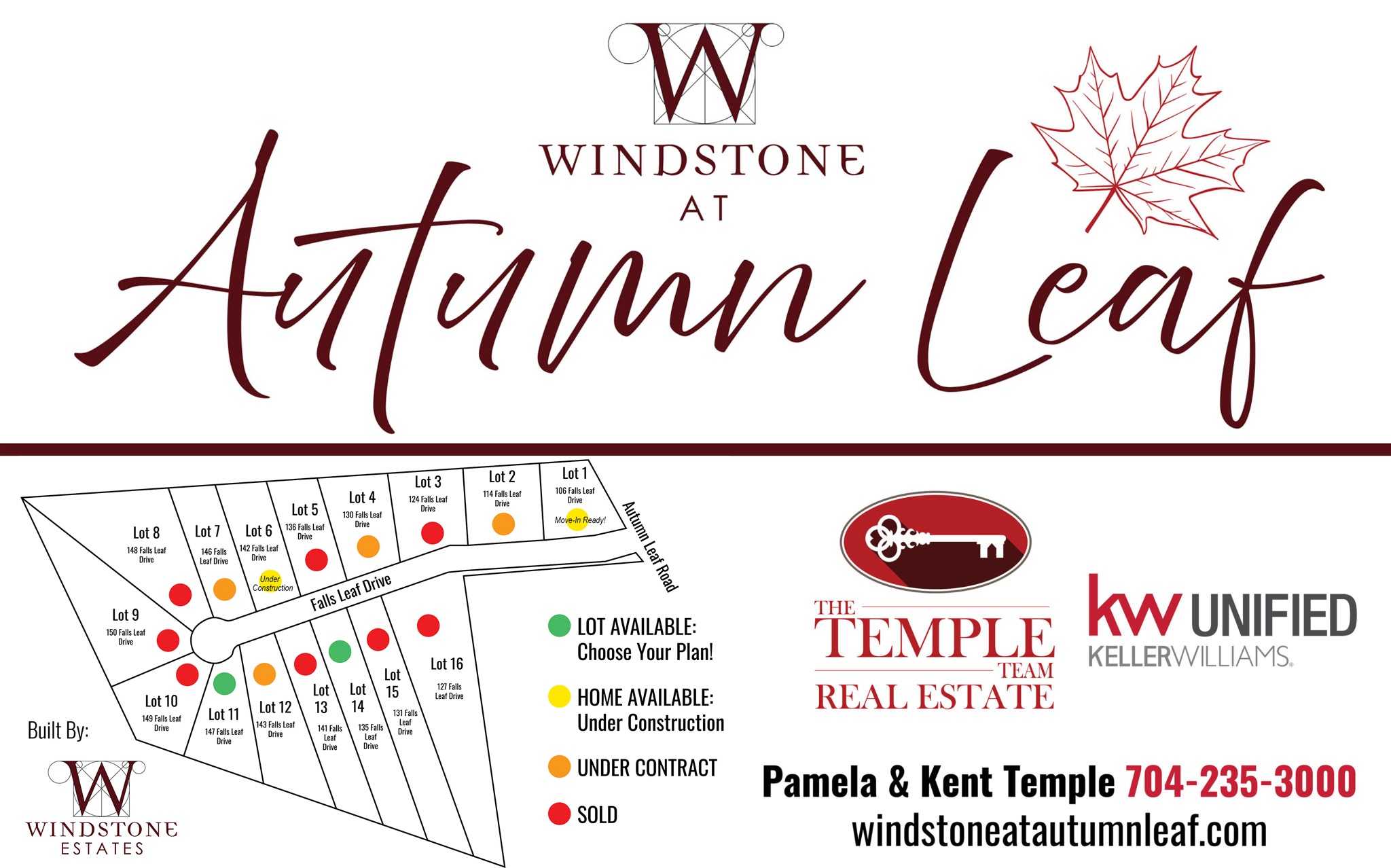 Windstone at Autumn Leaf, marketd by The Temple Team, Keller Williams Unified, Pam and Kent Temple, 704-235-3000. Map of available lots.